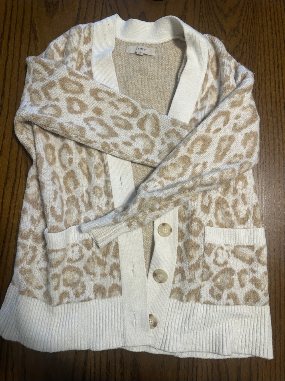 LOFT Cream and Tan Leopard Print Cardigan